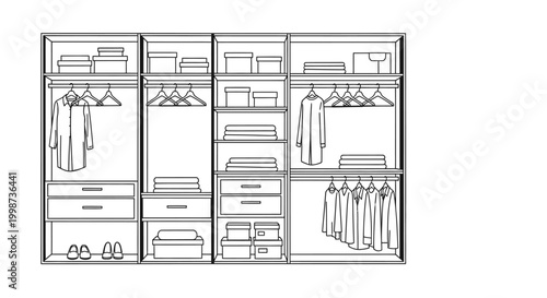 Organized wardrobe illustration showing clothes storage clean interior design concept