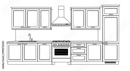 Outlined kitchen illustration showing cabinetry appliances and layout