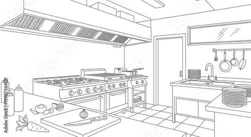 Outlined commercial kitchen interior with cooking appliances and utensils