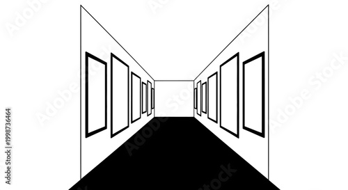 Perspective view of a corridor with empty picture frames for design