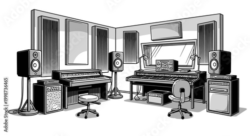 Recording studio illustration with pianos speakers and soundproofing elements