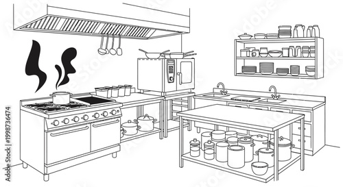 Professional kitchen interior illustration stainless steel appliances and utensils