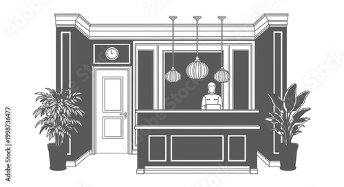 Stylized illustration of an elegant hotel reception desk and interior