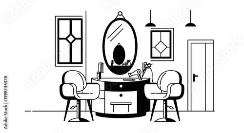 Salon interior illustration with chairs mirror and styling tools monochrome art