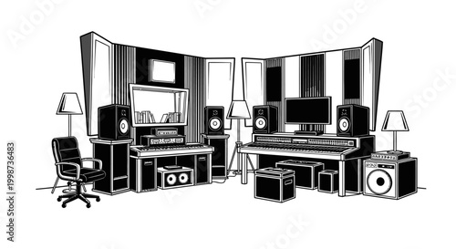Recording studio illustration with audio equipment in black and white