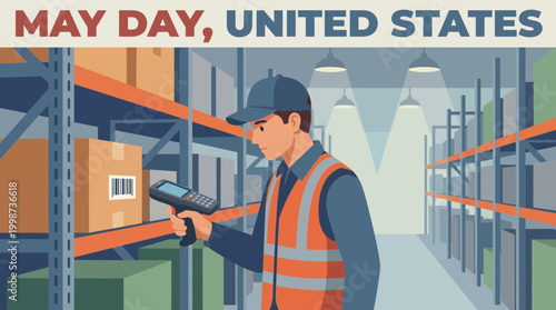 Warehouse Worker Scanning Package for May Day in United States