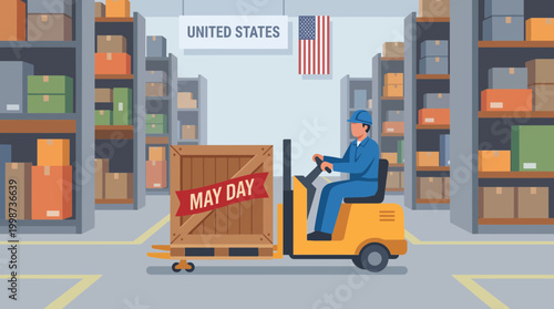 Warehouse Worker Driving Forklift for International Workers Day