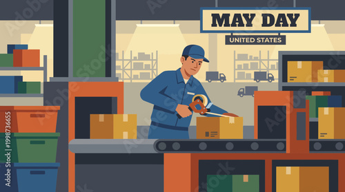 Worker Packaging Boxes in United States Warehouse May Day Illustration