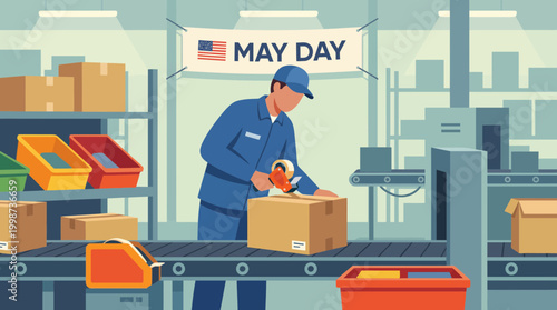 Warehouse Worker Packaging Boxes for May Day Vector Illustration