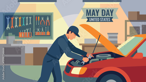 Mechanic Repairing Car with May Day United States Banner