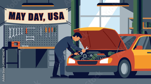 Mechanic Fixing Car Engine in Garage May Day USA Illustration