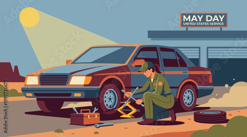 Flat Illustration of Female Mechanic Changing a Car Tire at Garage