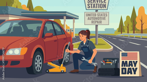 Female Mechanic Repairing Car Tire at Roadside Service Station