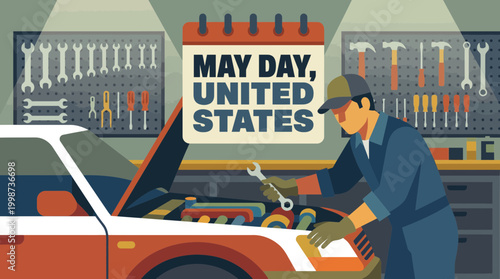 May Day United States mechanic repairing car engine illustration