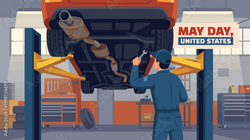 Mechanic Repairing Car in Garage for May Day United States