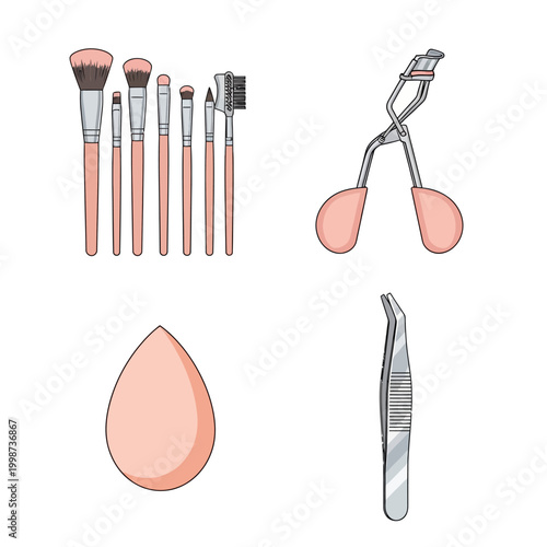 Collection of essential makeup tools for beauty and cosmetic application.