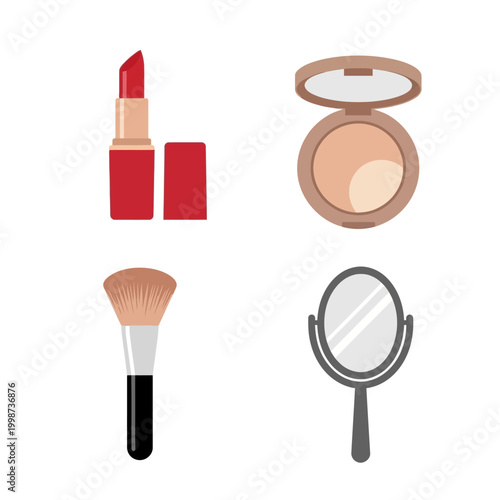 Makeup essentials set with lipstick, powder, brush, and mirror.