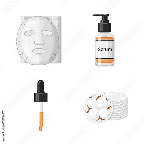 Skincare Essentials Collection - Face Mask, Serum Bottle, Dropper, and Cotton Pads.