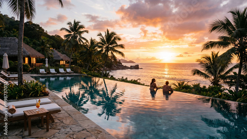 Luxury tropical resort with infinity pool at sunset, couple relaxing by ocean view with palm trees and warm golden light vacation lifestyle concept
