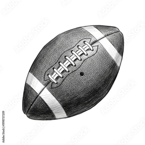 Single handdrawn graphite sketch of an american football with textured laces on a white background concept of athletic design art