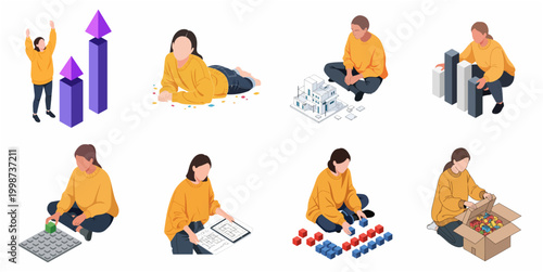 Isometric Flat Illustration Showing People Engaging in Creative Construction and Building Activities