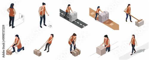 Isometric Female Character Performing Various Tasks Related to Lifting and Moving Heavy Objects