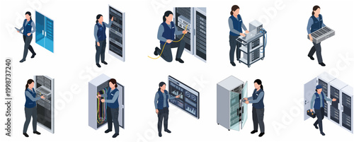 Isometric Set of Data Center Technician Performing Various IT Infrastructure Maintenance Tasks