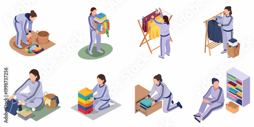 Set of Isometric Illustrations Depicting a Person Doing Laundry and Folding Clothes