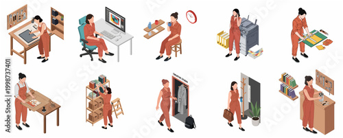 Isometric Illustration Collection of a Woman's Daily Routine Working in an Office and Crafting Environment