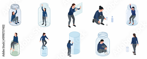 Set Of Isometric Illustrations Depicting A Person Trapped Inside A Glass Jar Container
