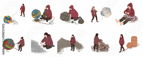 Diverse Activities of a Person Interacting with Large Balls of Yarn in Various Poses