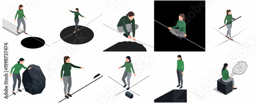 Isometric View Flat Design Concept of a Person Performing Various Tightrope Walking Balance and Concentration Exercises