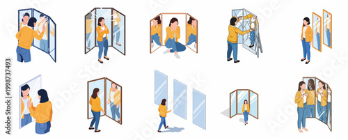 Isometric Set Of People Looking At Themselves In Various Mirror Configurations For Self Reflection And Body Image