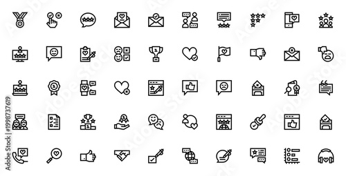 Rating and Validation icon set. Vector icons pack featuring medal, trophy, like, dislike, review, vote, ranking, website validation and more. Editable stroke.