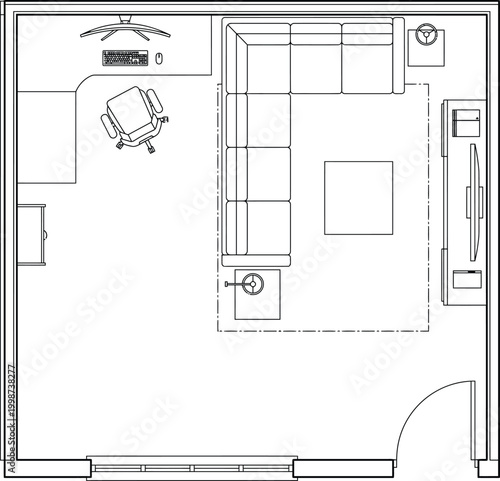 Living room and home office CAD plan with sectional sofa, media unit, desk workspace and circulation layout for residential floor plans, apartment interiors and architectural drafting sheets
