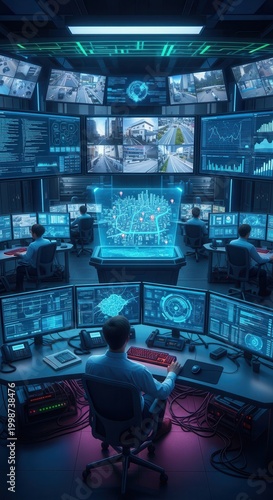 Futuristic Security Operations Center Monitoring Digital Data.