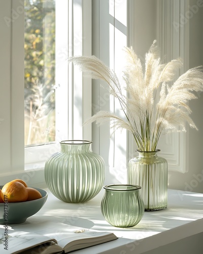 still life with glass vases and fruit on a table