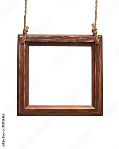 Brown wooden picture frame hanging on ropes