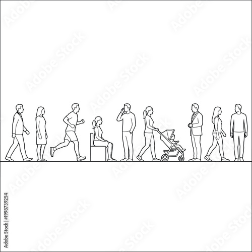 Architectural scale figures vector lineup with pedestrians, family groups, stroller and wheelchair symbols for elevation drawings, urban design sections, accessibility diagrams and blueprint