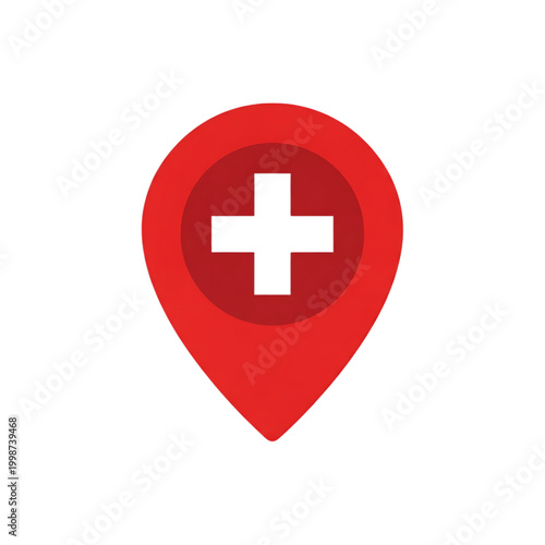 Red location pin with white cross symbol representing medical services isolated on transparent background