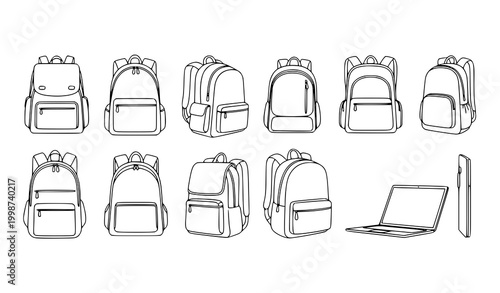 Backpack Icon Set Featuring School Bags, Travel Rucksacks, and Student Accessories with Laptop and Tablet for Education, Outdoor, and Daily Use Design Projects