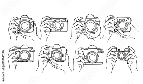 Camera Holding Hand Gesture Icon Set Featuring Photography Techniques, Shooting Positions, and DSLR Grip Illustrations for Photo Training, Tutorials, and Creative Design Projects