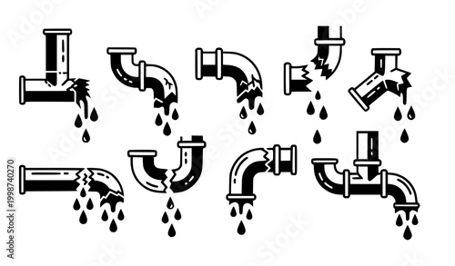 Leaking Pipe Icon Set Featuring Broken Plumbing Elements, Water Drip Symbols, Burst Pipeline Illustrations, and Repair Concepts for Maintenance, Construction, and Household Service Design
