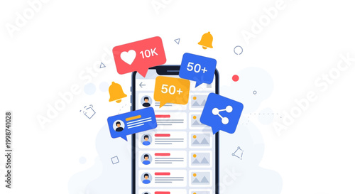 Smartphone with social media notifications and engagement icons