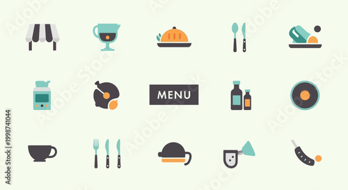 Minimalist flat lay of kitchen utensils and food icons on light background