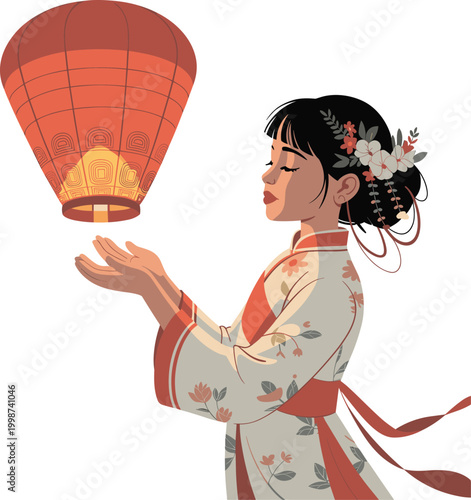 Girl with floating Asian lantern at religious ceremony vector on white background.