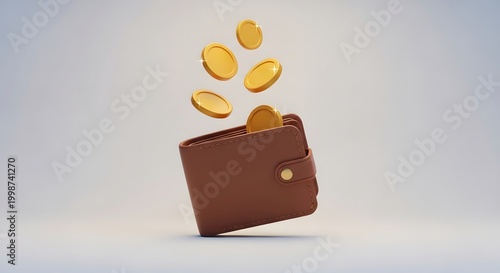 Golden coins spilling from brown leather wallet against minimalist background for financial success concept