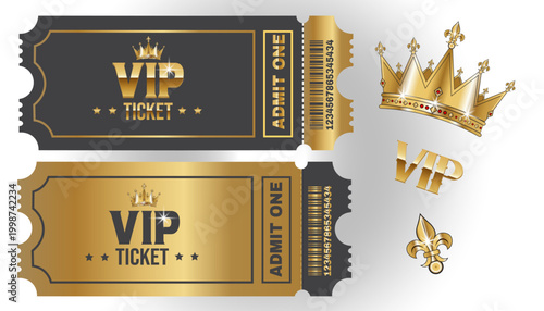 VIP tickets, luxury event passes, golden crowns, premium access tokens, exclusive entry cards