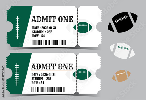 American football tickets, admit one, sports event, green and white stubs, football icons