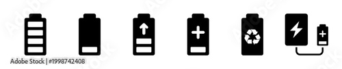 Battery charging icon set. power, energy, electricity, charge, technology. solid style icon collection.